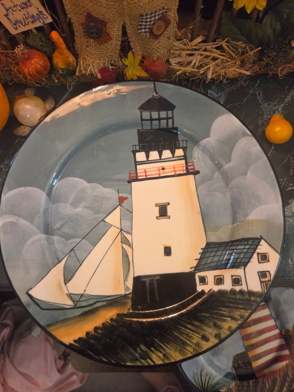 2 Plates LIGHT HOUSE Micro dishwasher safe! Vintage Collectable !!